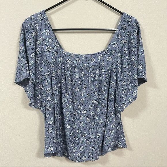 Lucky Brand Blue Floral Flare Short Sleeve Blouse - Picture 1 of 7